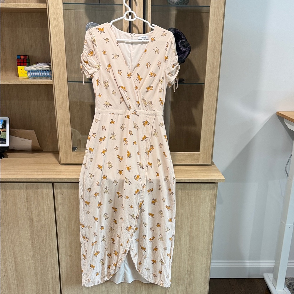 Madewell Cream Maxi Silk Dress with Yellow Floral Pattern